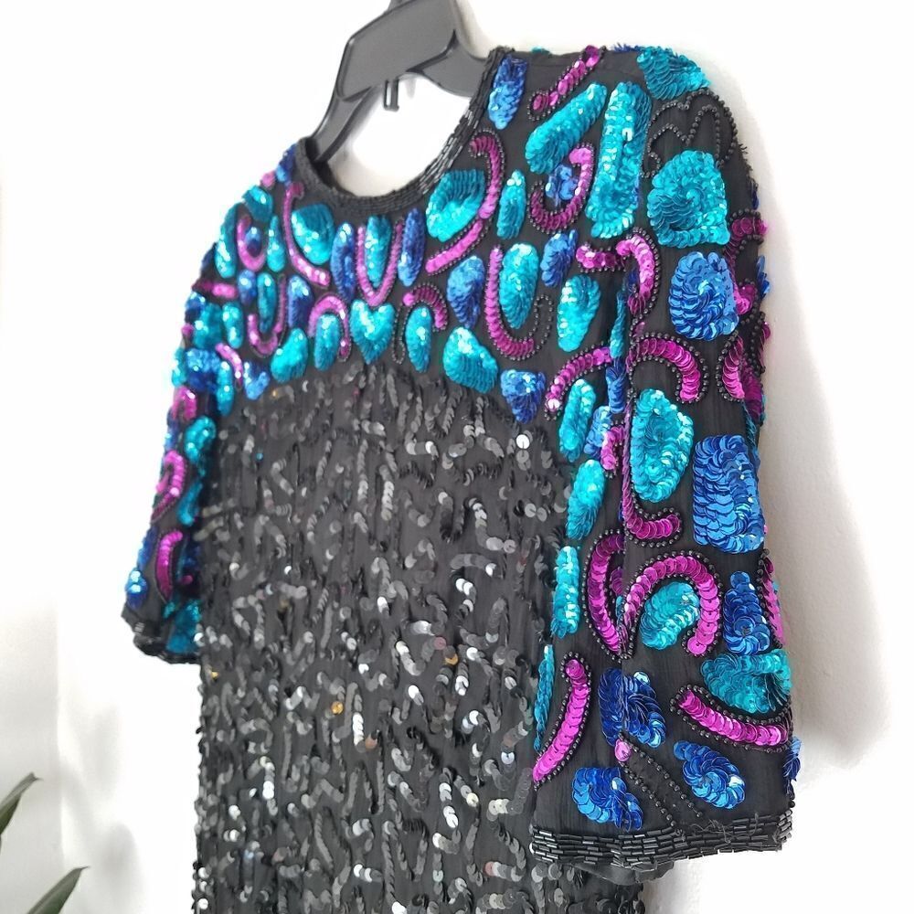 Vintage Laurence Kazar 1980’s 100% Silk Dolly Parton Sequin Cocktail Dress PL - Picture 5 of 12